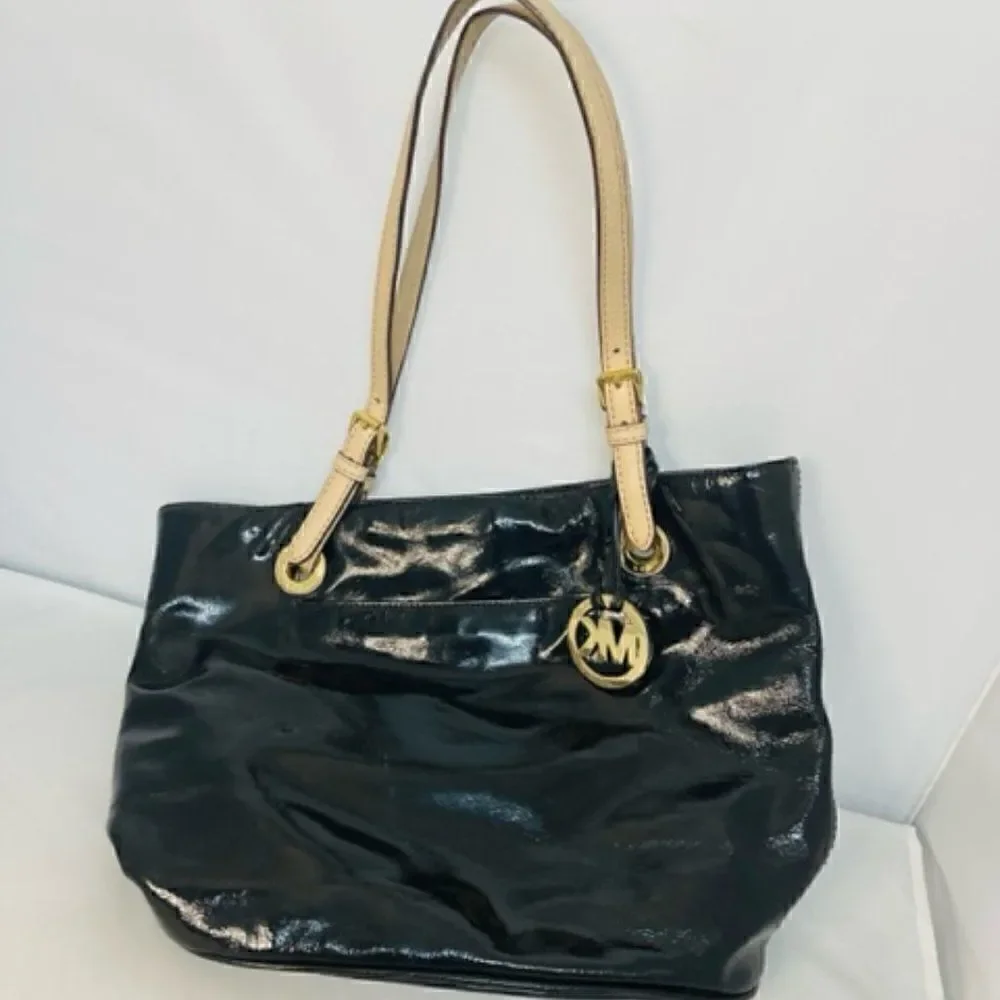 Michael Kors Handbag Black Patent Leather Tote Shoulder Good Condition - does sh